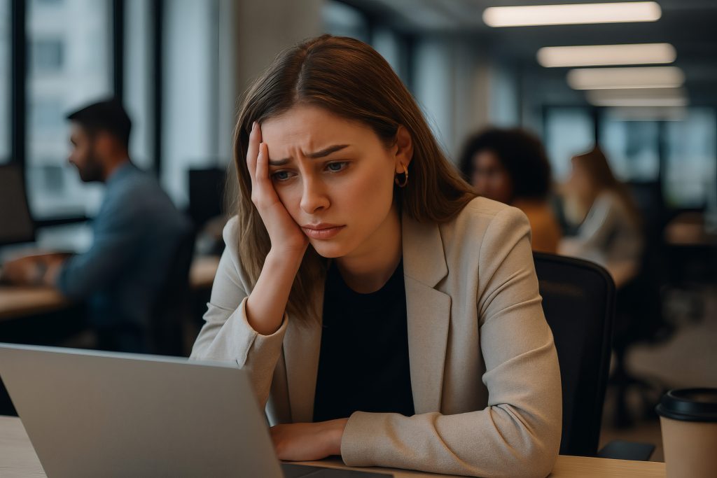 Frau, die frustriert und gestresst vor ihrem Laptop sitzt