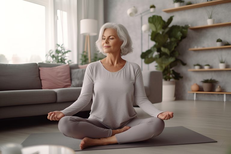 Grauhaarige Frau, die entspannt Yoga praktiziert