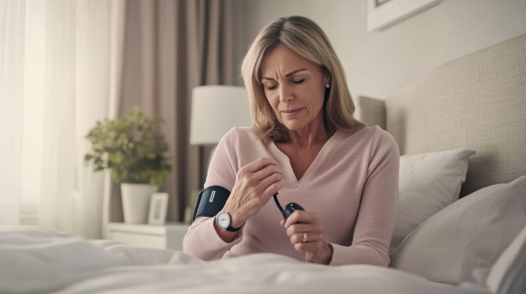 Frau mittleren Alters, die im Bett setzt und ihren Blutdruck misst