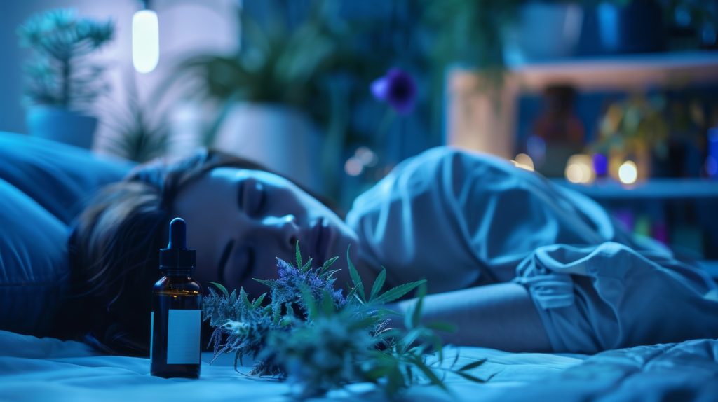 Schlafende junge Frau, vor ihr auf dem Tisch sieht man medizinisches Cannabis und CBD Öl